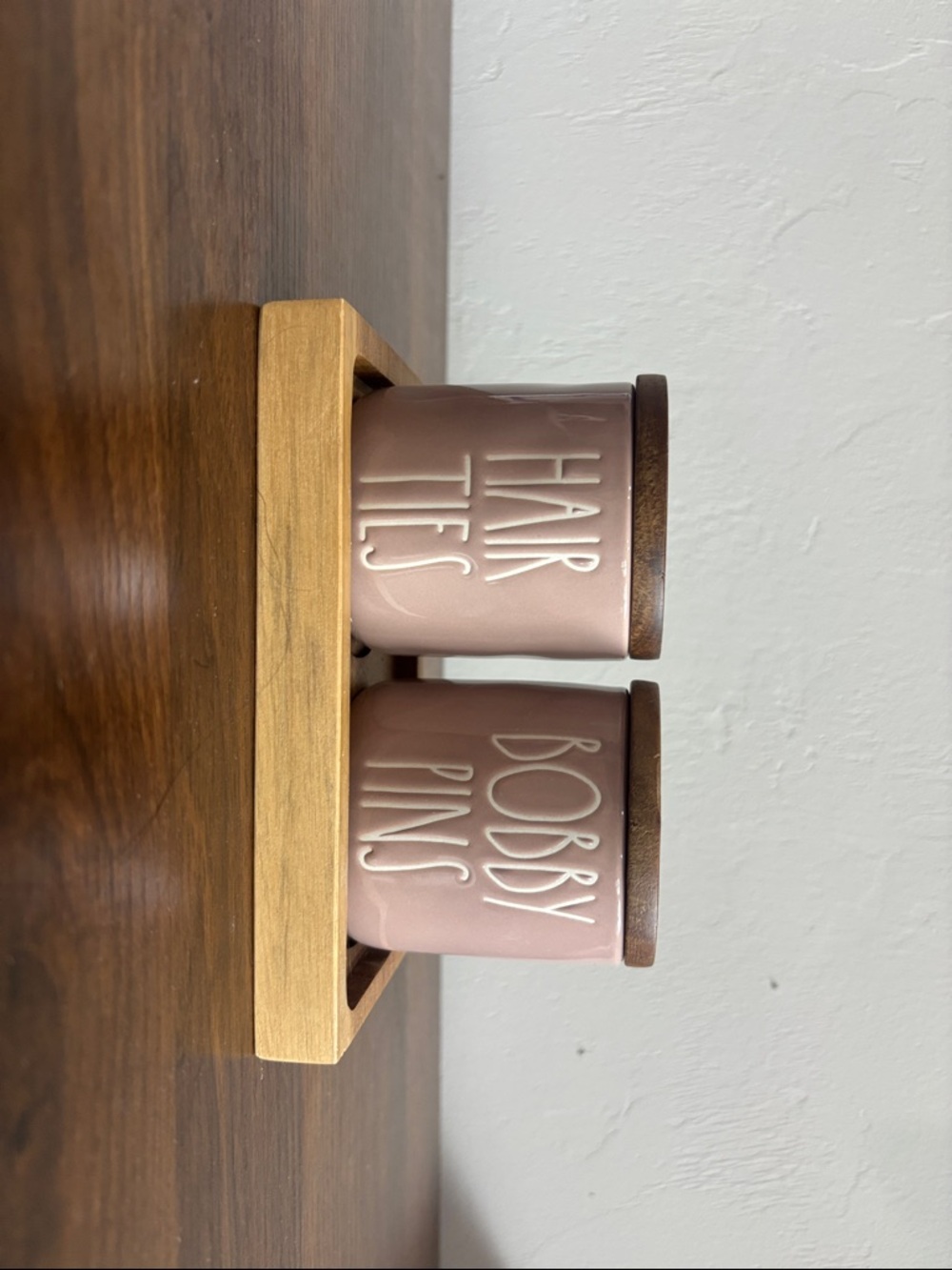Rae Dunn Pink Ceramic "Hair Ties" and "Bobby Pins" Storage Jars with Wooden Lids